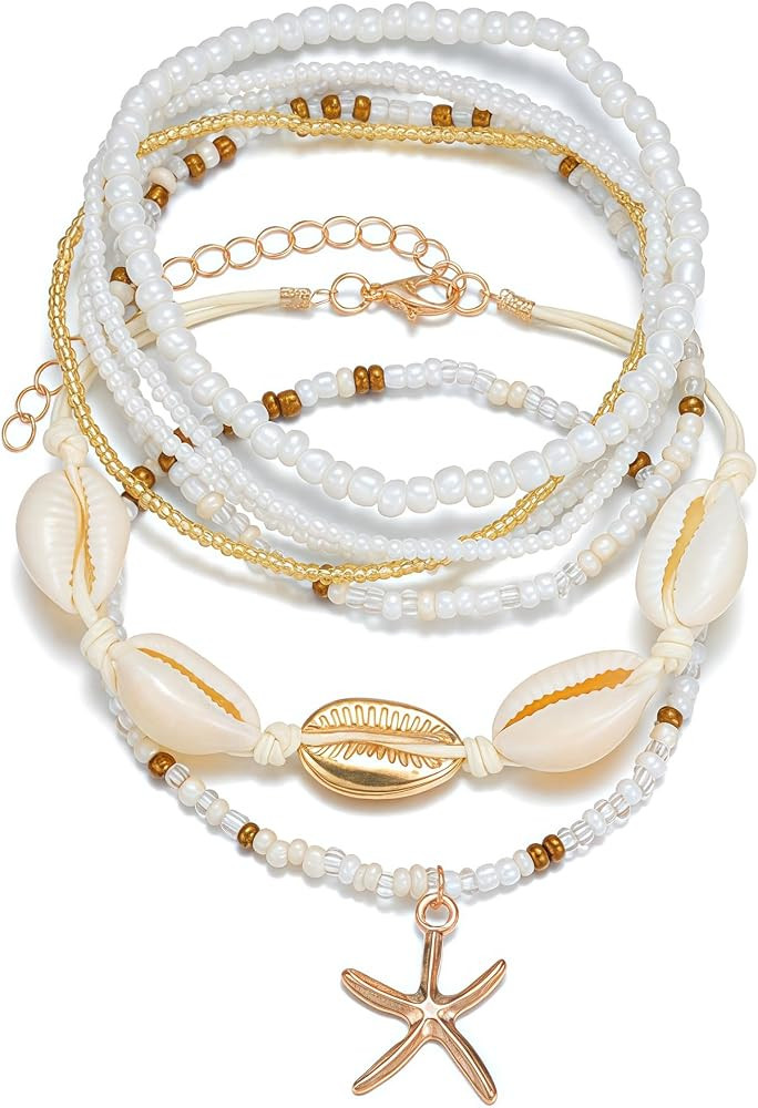 Qceasiy Shell Ankle Bracelets for Women, Boho Beaded Beach Anklet Set | Amazon (US)