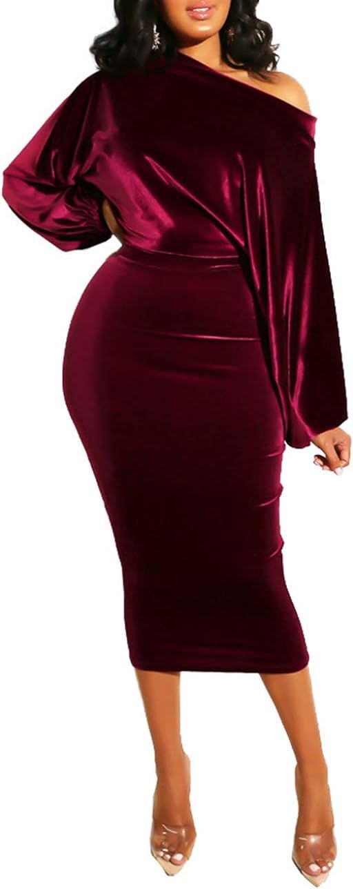 Salimdy Womens One Off Shoulder Midi Dress Long Sleeve Velvet Sexy Bodycon Party Pencil Dress | Amazon (US)