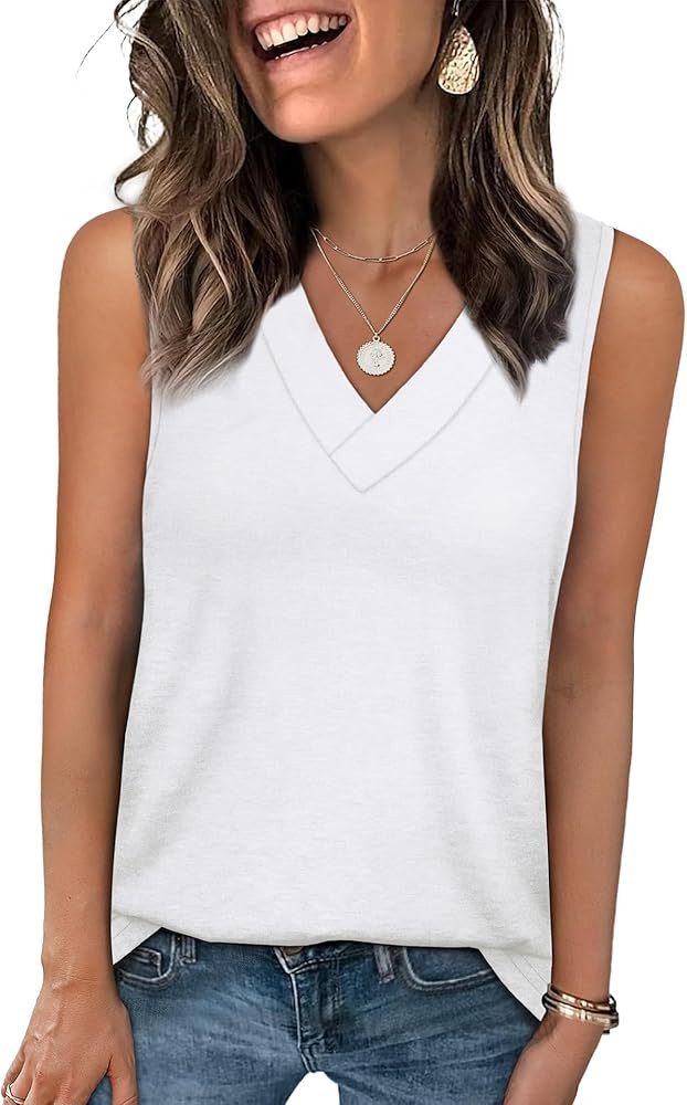 WIHOLL Tank Tops for Women Summer V Neck T Shirts Trendy Sleeveless Basic Tees Fashion Clothing | Amazon (US)