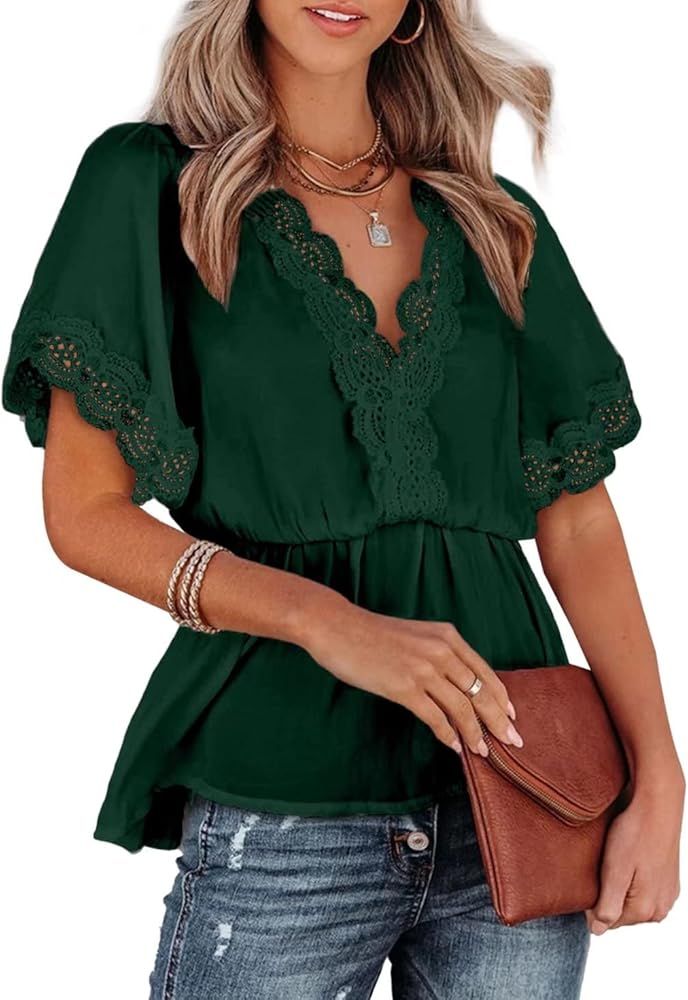 BLENCOT Lace v Neck Crochet Blouses Ruffle Short Sleeves Elastic Waist Fashion Peplum Dressy Shir... | Amazon (US)