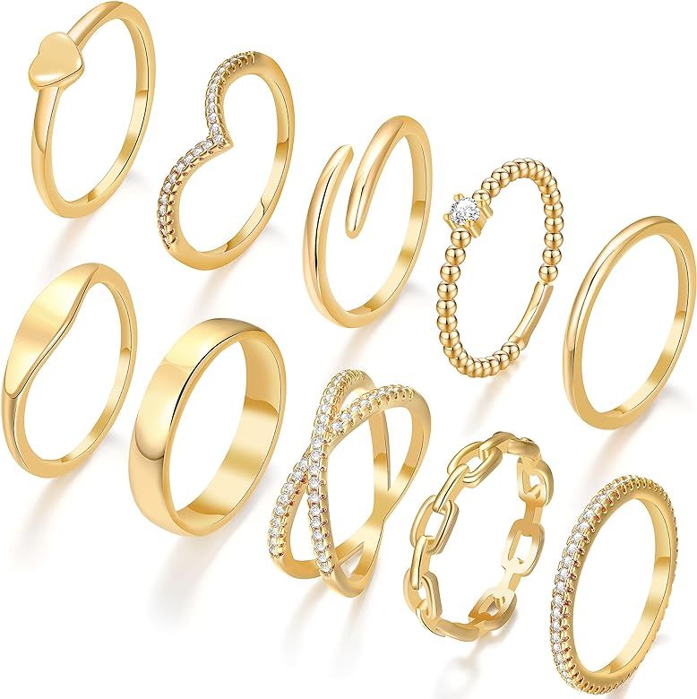 10 PCS Dainty 14K Gold Rings for Women Teen Girls, Open Twist Simulated Diamond Criss Cross Desig... | Amazon (US)