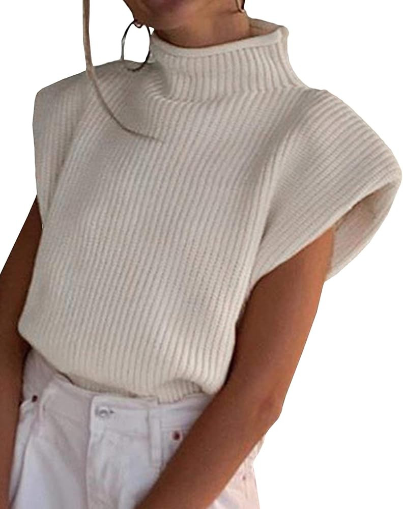 xxxiticat Women's Shoulder Pad Sweater Top Sleeveless Turtleneck Wide Shoulder Knitted Sweater Ju... | Amazon (US)
