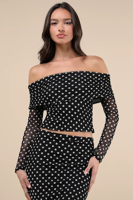 Notoriously Cute Black Polka Dot Mesh Off-the-Shoulder Top | Lulus