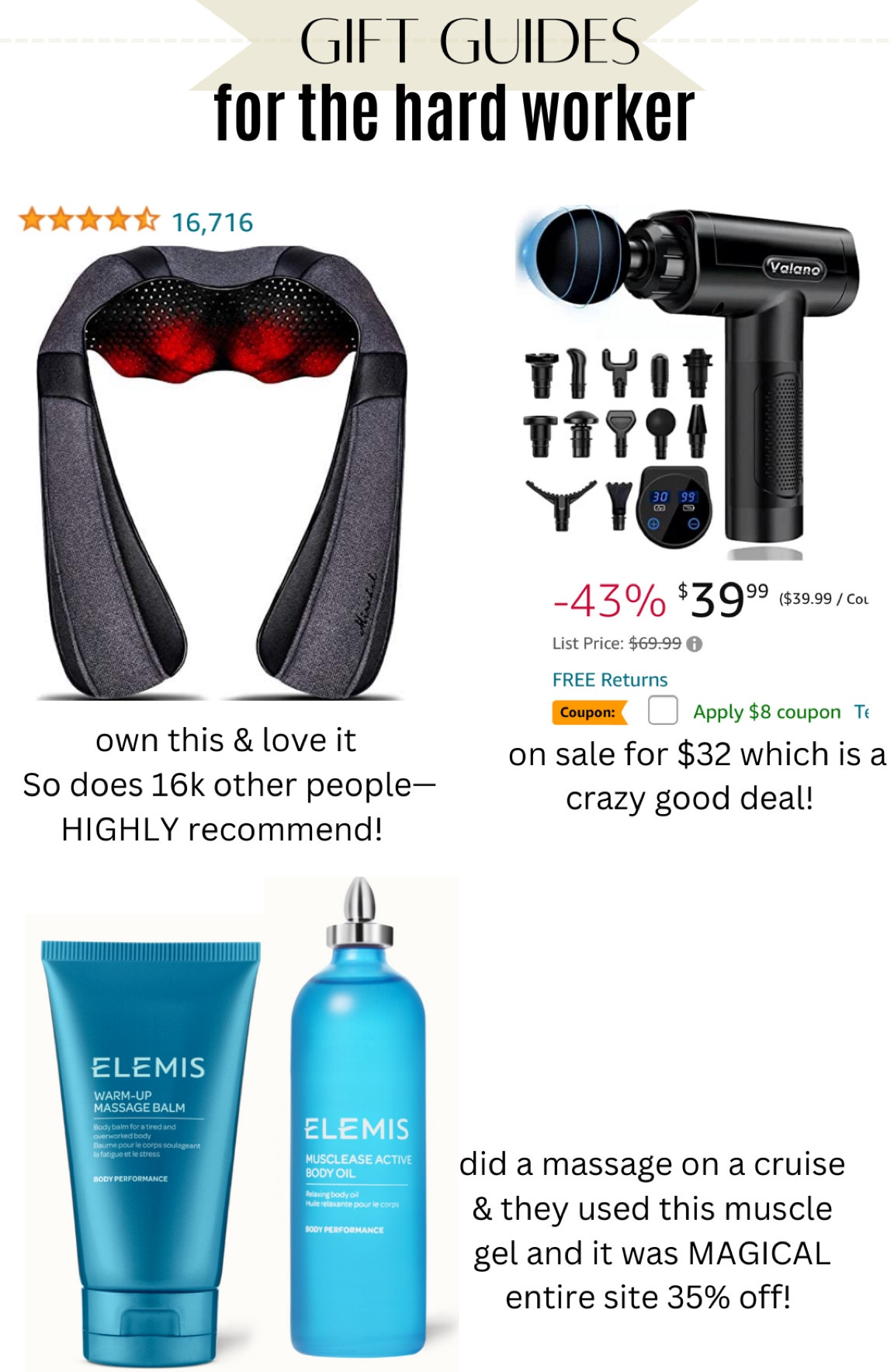 Absolutely recommend all of these products, the massager and massage wand are highly recommended and have rave reviews. The massager is on major sale right now. The muscle oil is incredible and currently 35% off #ltkfamily #ltkmens

#LTKHoliday #LTKGiftGuide #LTKSeasonal