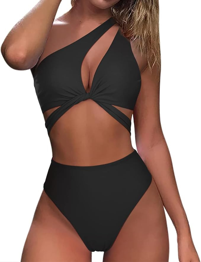 MOOSLOVER Women Sexy Cutout One Shoulder High Waisted Bikini Tie High Cut Two Piece Swimsuit | Amazon (US)