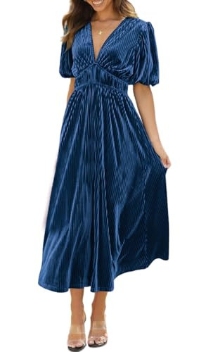 R.Vivimos Women's Fall Winter Velvet Dress Puff Sleeve Sexy Deep V Neck Elastic High Waist A-Line Elegant Casual Midi Dress (X-Large, Dark Blue) | Amazon (US)