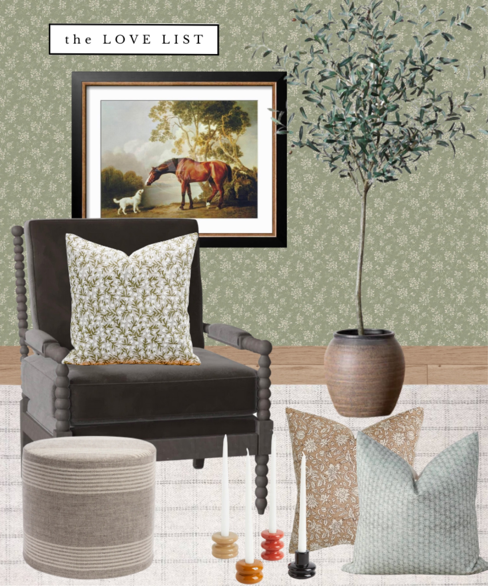 Fall home decor // velvet spindle armchair, vintage pillow, vintage art, olive faux tree, ottoman, neutral rug, candlestick 

#LTKhome #LTKSeasonal