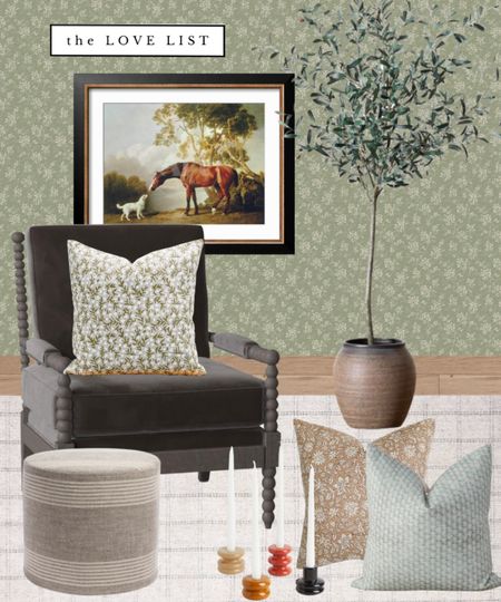 Fall home decor // velvet spindle armchair, vintage pillow, vintage art, olive faux tree, ottoman, neutral rug, candlestick 

#LTKhome #LTKSeasonal