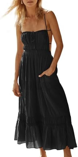 Wenrine Womens Summer Beach Dresses Backless Spaghetti Straps Self Tie Tiered Flowy Casual Maxi D... | Amazon (US)