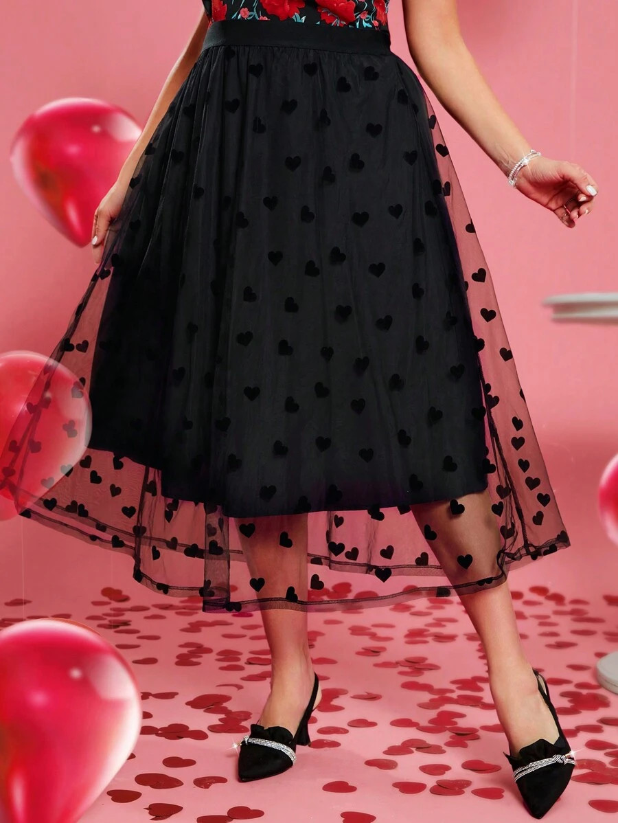 EMERY ROSE Plus Size Women's Flocked Mesh Heart-Shaped High Waist A-Line Midi Skirt For Valentine... | SHEIN