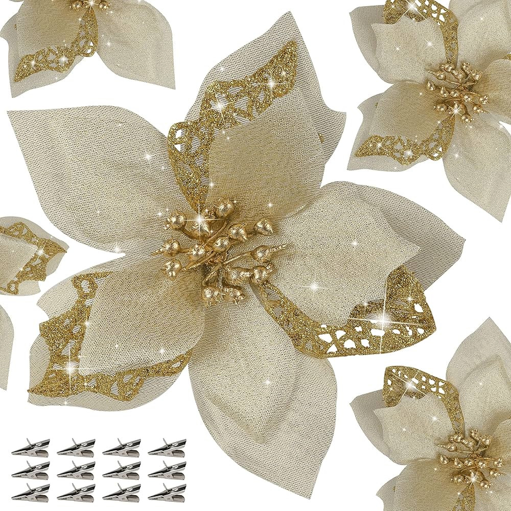 12 PCS Poinsettia Flower Artificial Poinsettia Christmas Decoration 5.9'' Gold Glitter Poinsettia... | Amazon (US)