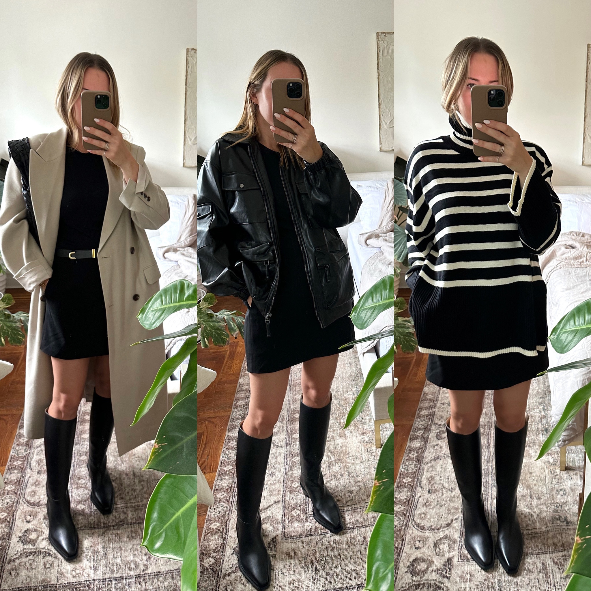 Details & sizing:
Outfit # 1: Frankie Shop trench not linked here. Theory skirt runs TTS. Im in a 6. Could have done a 4 but wanted it to hang a little. I sizes up a full size in the boots but should have sized up 1/2. Im a 8.5, normally a 39 Euro and a 39.5 would have been perfect. 

Outfit #2: Wearing a M in the jacket. Runs TTS. These days I'm betweek a S and a M and opt for a M. 

Outfit #3: Wearing a M in the sweater. So comfortable and not itchy at all. 

#LTKSeasonal #LTKstyletip