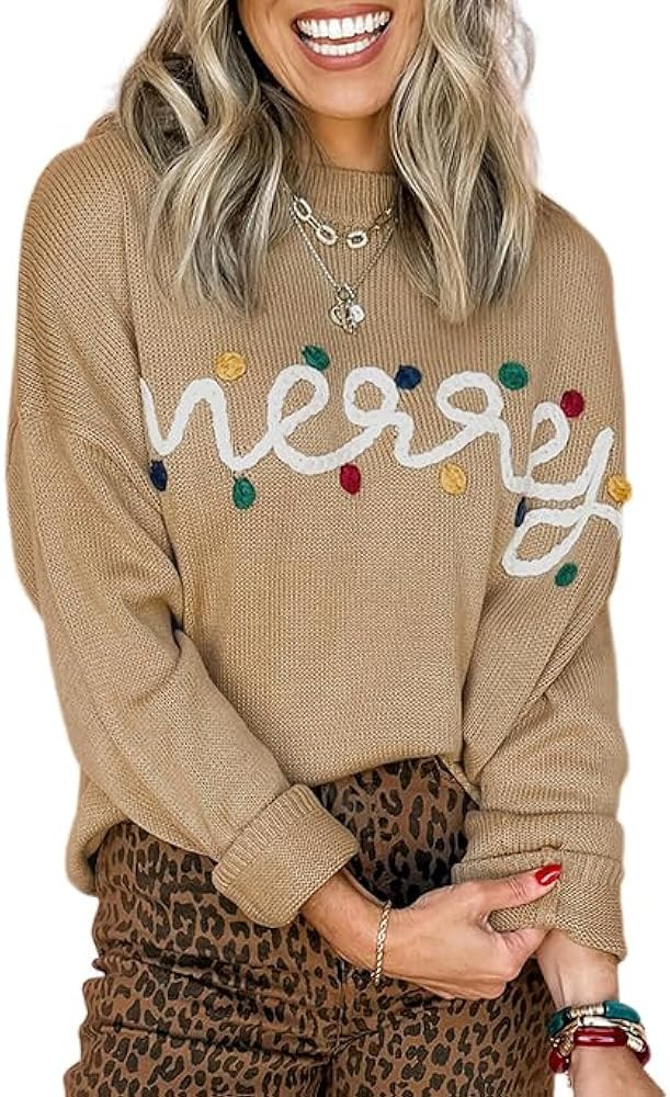 Christmas Sweater for Women Crewneck Dolman Knitted Merry Letter Long Sleeve Loose Fit Colorful D... | Amazon (US)
