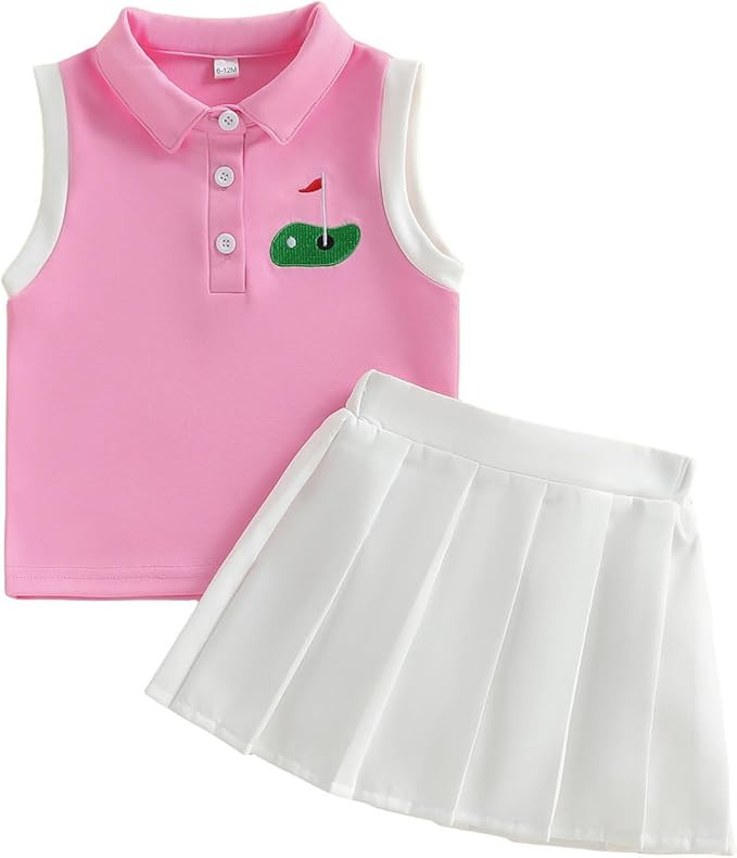 Toddler Baby Girl Golf Outfit Golf Print Lapel Collar Sleeveless Tank Top Mini Skirt Set Baby Gir... | Amazon (US)