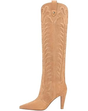 FSJ Women Pointed Toe Cowboy Boots Embroidered Chunky High Heel Knee High Boots Western Pull On F... | Amazon (US)