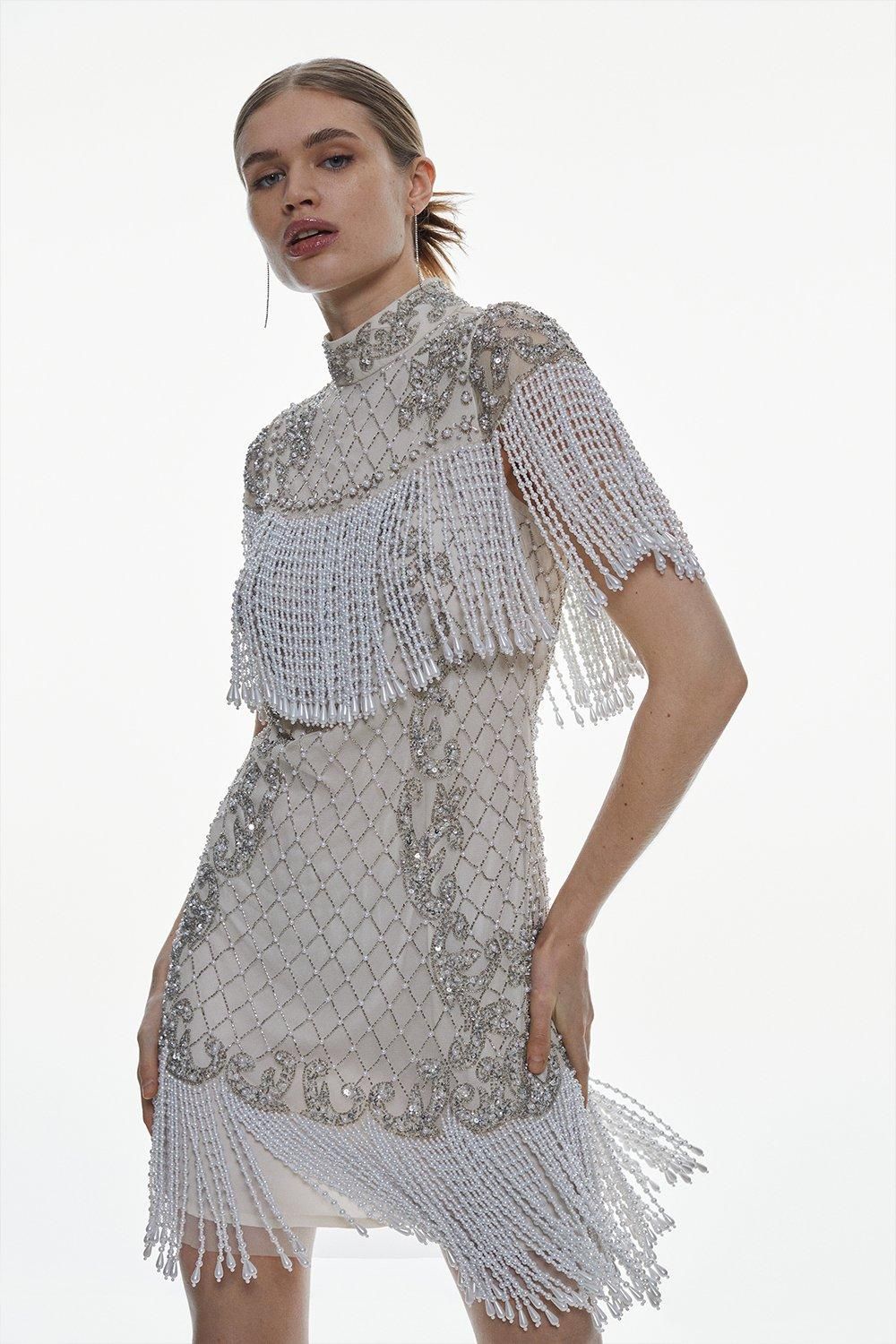 Pearl Embellished Fringed Woven Mini Dress | Karen Millen US