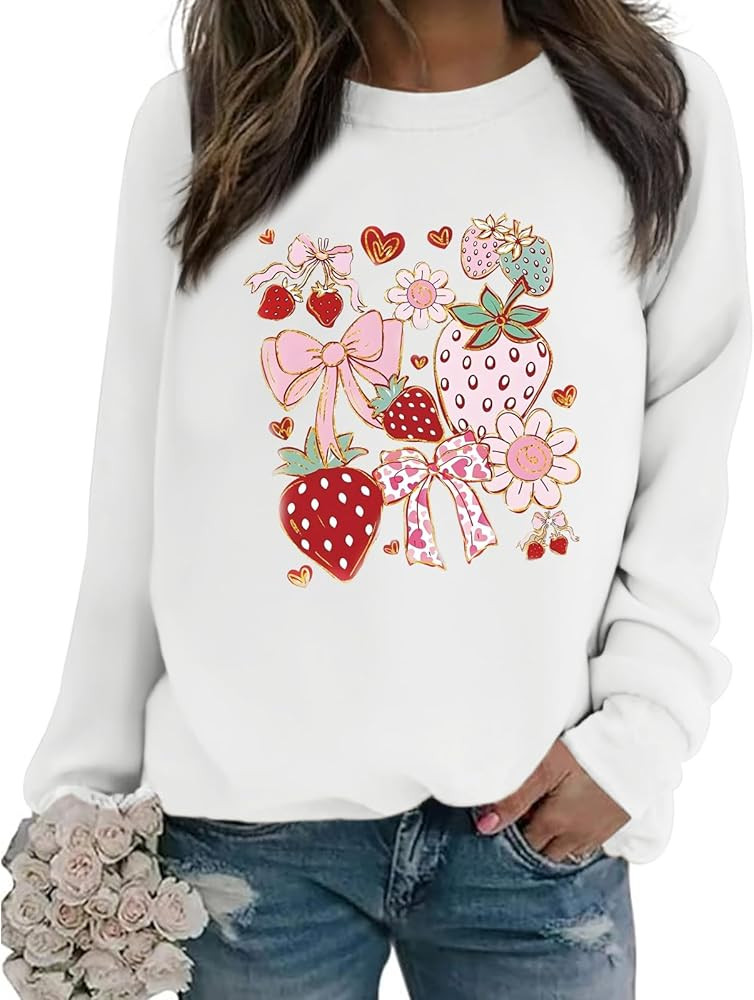 KEEVICI Cute Bow Strawberry Floral Sweatshirt Women Flower Kawaii Aesthetic Hoodie Graphic Sweats... | Amazon (US)