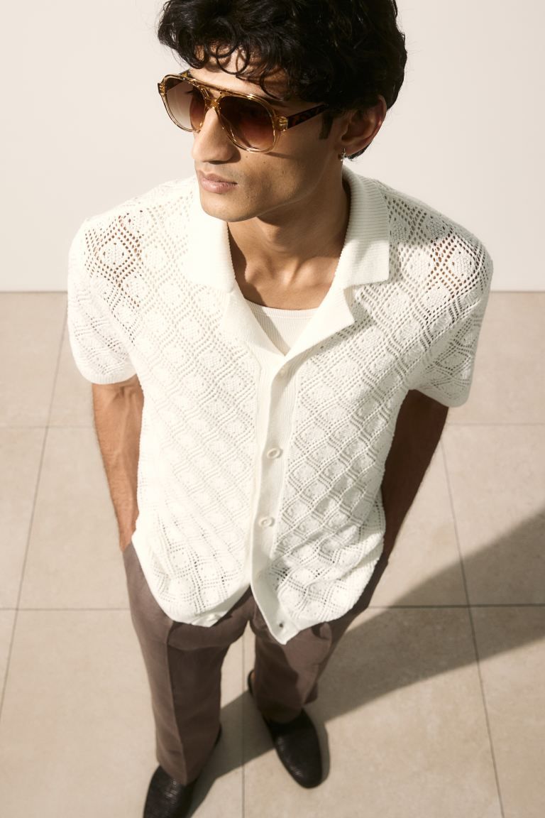 Regular Fit Crochet-look Resort Shirt - White - Men | H&M US | H&M (US + CA)