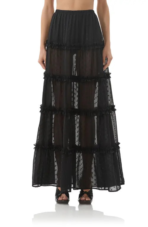 AFRM Sabina Clip Dot Tiered Maxi Skirt in Noir at Nordstrom, Size Medium | Nordstrom