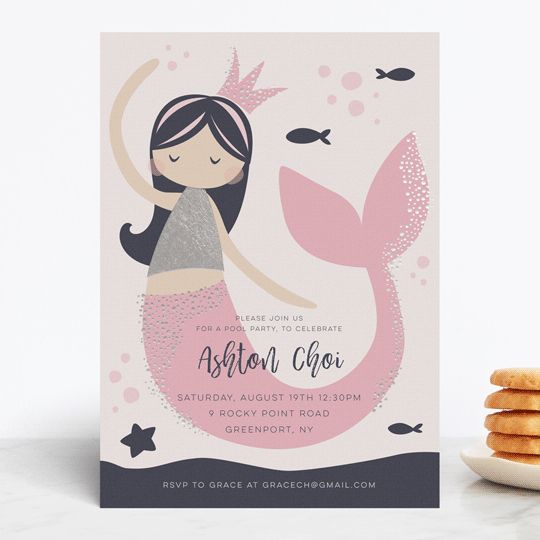 "Glitter Mermaid" - Customizable Foil-pressed Children's Birthday Party Invitations in Pink by pe... | Minted