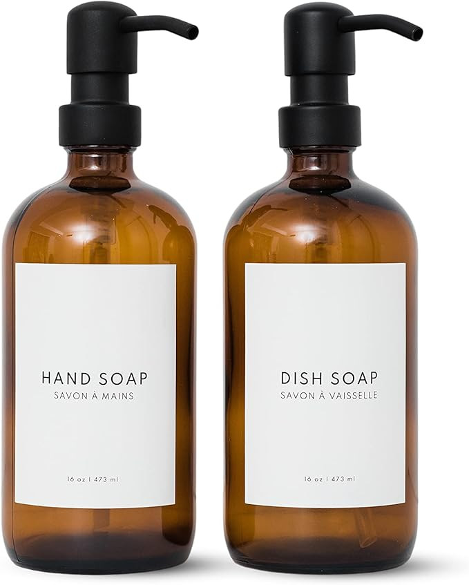 The Little Spruce Amber Glass Soap Dispenser, 2 Pack, 16 oz Refillable Bottles with Stainless Ste... | Amazon (US)