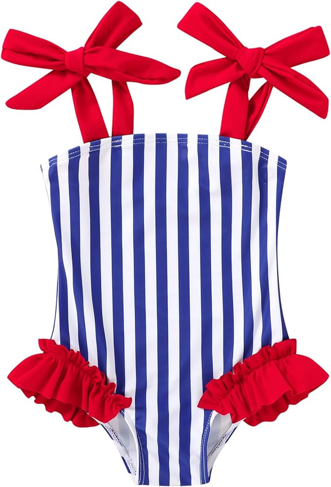 Happy Town Toddler Swimsuit Girl Solid Color Stripe One-Piece Baby Bathing Suits | Amazon (US)