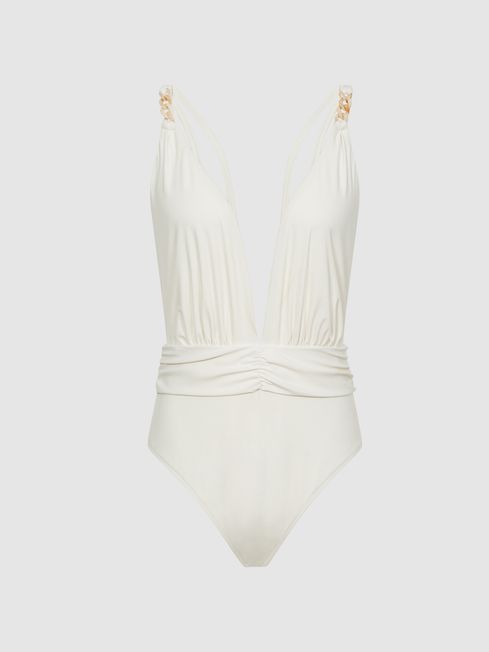 Reiss White Millie Plunge Neck Swimsuit | Reiss (UK)