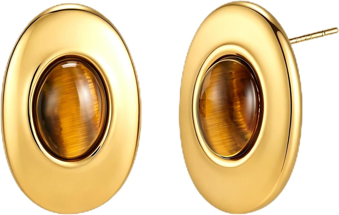 Gold Statement Stud Earrings for Women,Chunky Tiger Eye Stone Earrings | Amazon (US)