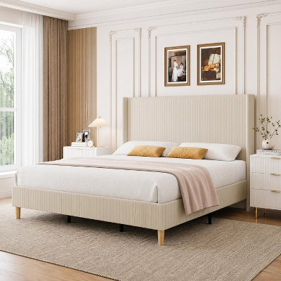 Queen Upholstered Corduroy Platform Bed Frame with Vertical Channel Tufted Wingback Headboard, Sturdy Wooden Slats, No Box Spring Required, Beige | Target