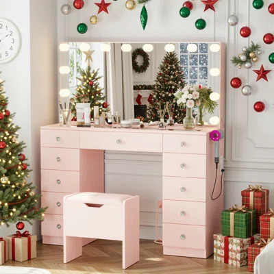 Greyden Vanity With 11 Drawers & Lighting Bulbs, Storage Stool & 10X Magnifying Mirror | Wayfair North America