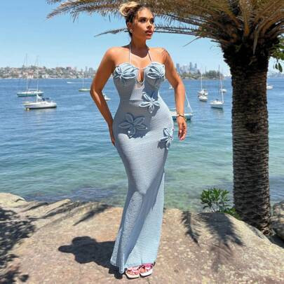 Spring-Summer Vacation Day At The Beach Blue Crochet 3D Flower Spaghetti Strap Dress | SHEIN