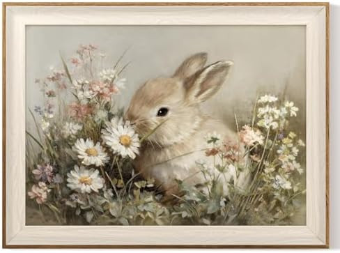 VIYYIEA Easter Vintage Bunny Framed Wall Art, Spring Floral Canvas Decor, Rabbit Painting for Hol... | Amazon (US)