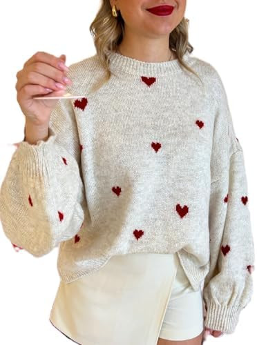 Women Heart Print Sweater Love Graphic Knitted Top Crewneck Cute Holiday Long Sleeve Shirts | Amazon (US)
