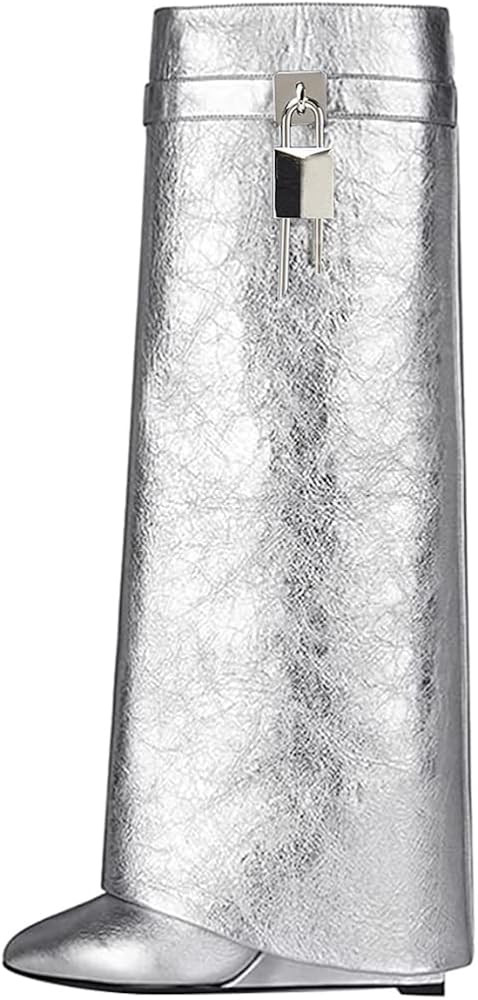 Arqa Fold Over Knee High Boots for Women Covered Wedge Heel Padlock Boot Almond Toe Wide Calf Pul... | Amazon (US)