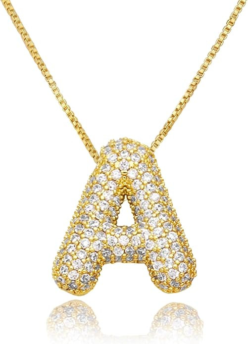 18K Bubble Letter Necklace Gold for Women, Chunky Gold Necklace Rhinestone Initial Necklaces for ... | Amazon (US)