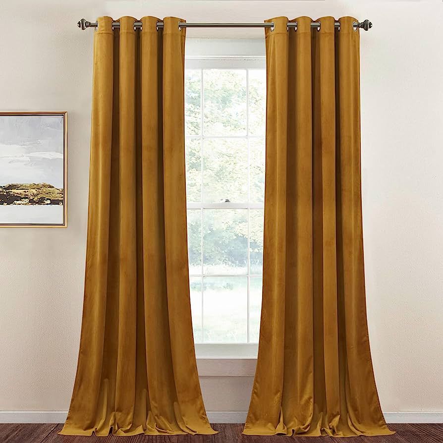 StangH Mustard Gold Velvet Curtains - Light Blocking Grommet Blackout Drapes for Living Room Bedr... | Amazon (US)