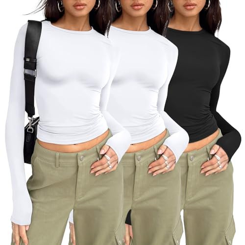 AUTOMET Womens Long Sleeve Shirt Basic Crop Tops Fall Fashion Underscrubs Layer Slim Fit Winter Clothes White White Black XS | Amazon (US)