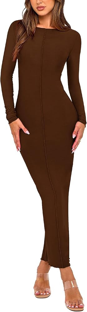 PRETTYGARDEN Women's Fall Dress 2024 Sexy Long Sleeve Fitted Knit Maxi Bodycon Dresses Tight Slit... | Amazon (US)