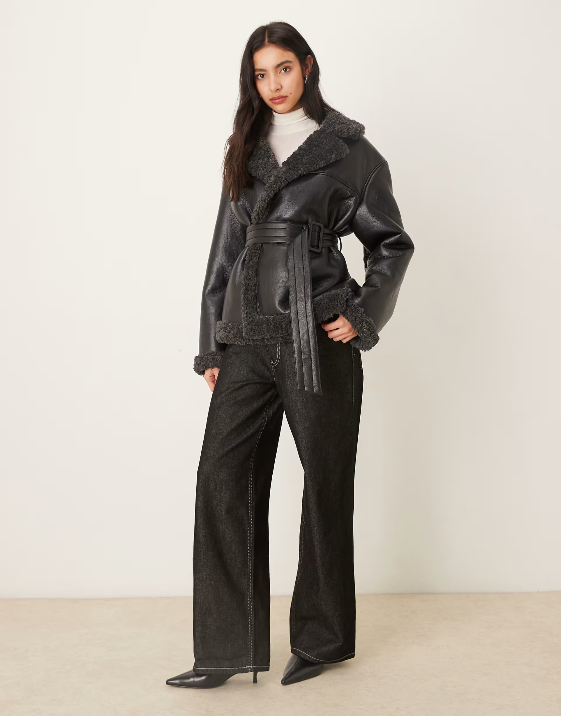 Gina Tricot short teddy PU belted jacket in black with dark grey collar trims | ASOS (Global)