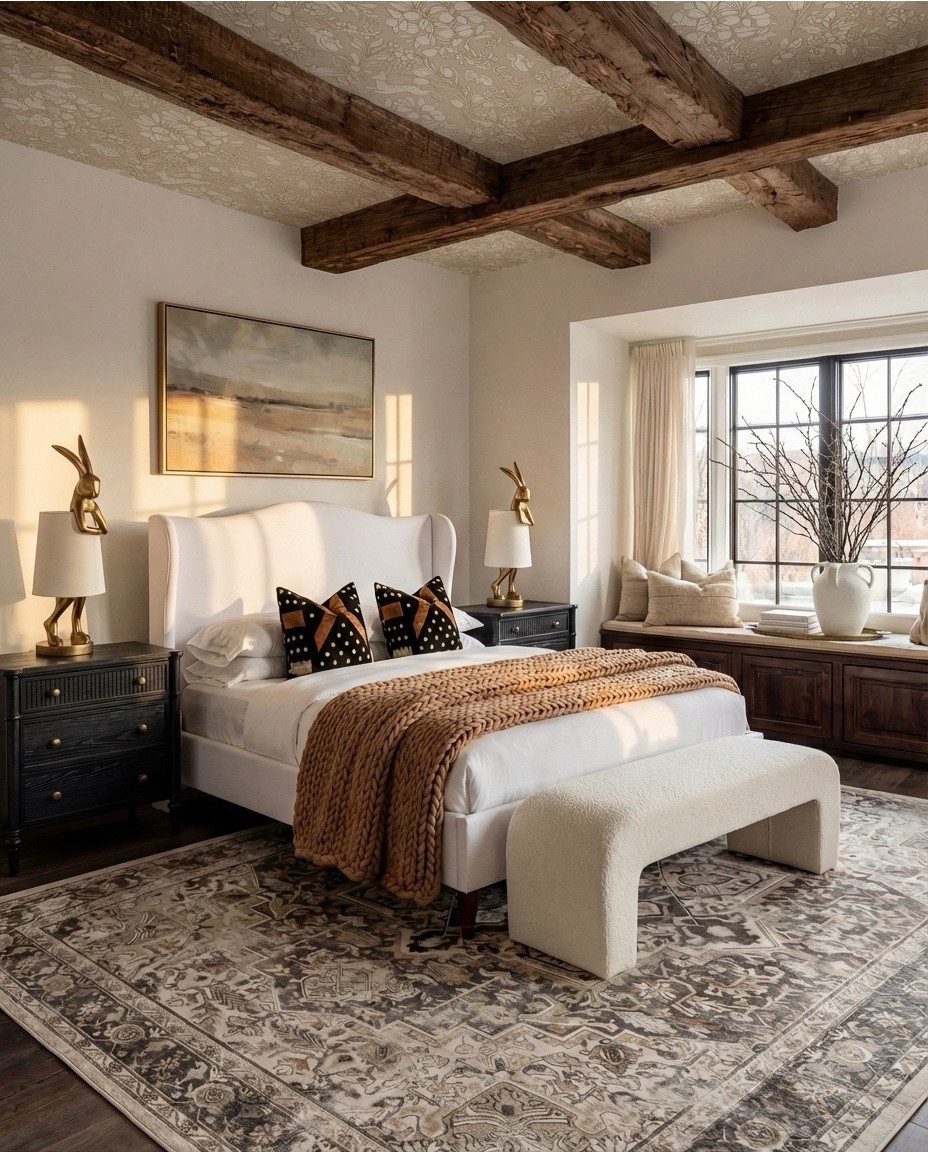 Shop the Look: Bedroom Refresh
• Upholstered wingback bed (ivory fabric)
• White cotton bedding set
• Neutral euro pillows
• Black and tan patterned accent pillows
• Chunky knit throw blanket (camel brown)
• Dark black wood nightstands
• Decorative bunny Brass table lamps with white shades
• Framed abstract wall art (neutral tones)
• Vintage-style area rug (beige and taupe)
• Dark black wood dresser with brass hardware
• Brass ring drawer pulls
• Glass hurricane candle holders
• White pillar candles
• Decorative brass tray
• Sculptural brass decor object
• Small stone sculpture 
• Light beige linen curtains
• Ceramic vase (off-white)
• Decorative branches
• Coffee table books (neutral covers)
• Upholstered bench at foot of bed (cream fabric)
•upholstered wood accent chair 
•round ribbed black end table 

#LTKSaleAlert #LTKHome