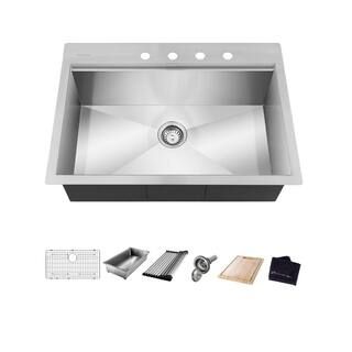 Glacier Bay Zero Radius Drop-in 18G Stainless Steel 27 in. 4-Hole Single Bowl Workstation Kitchen... | The Home Depot