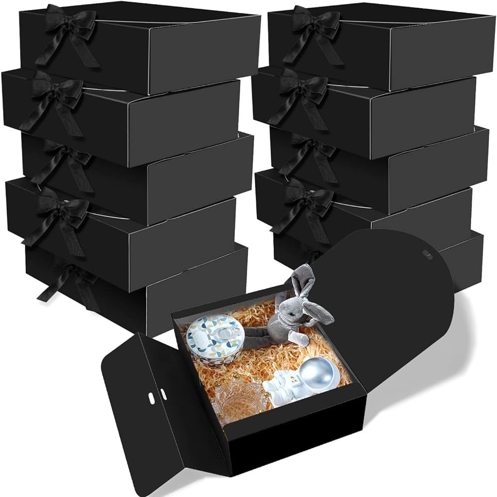BoShahai 10 PCS Boxes with Lids, 10.6x7.8x3.1 Inch Kraft Paper, Black Gift Boxes with Ribbon, Bri... | Amazon (US)