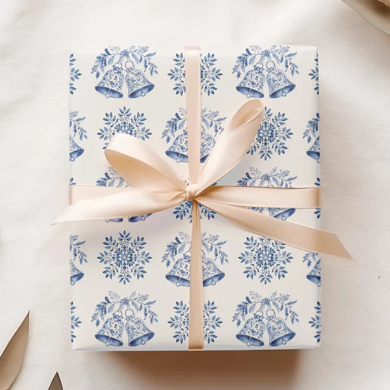 Vintage Christmas Wrapping Paper, Holiday Bells and Snowflakes Gift Wrap, Victorian Pattern, Blue... | Etsy (US)