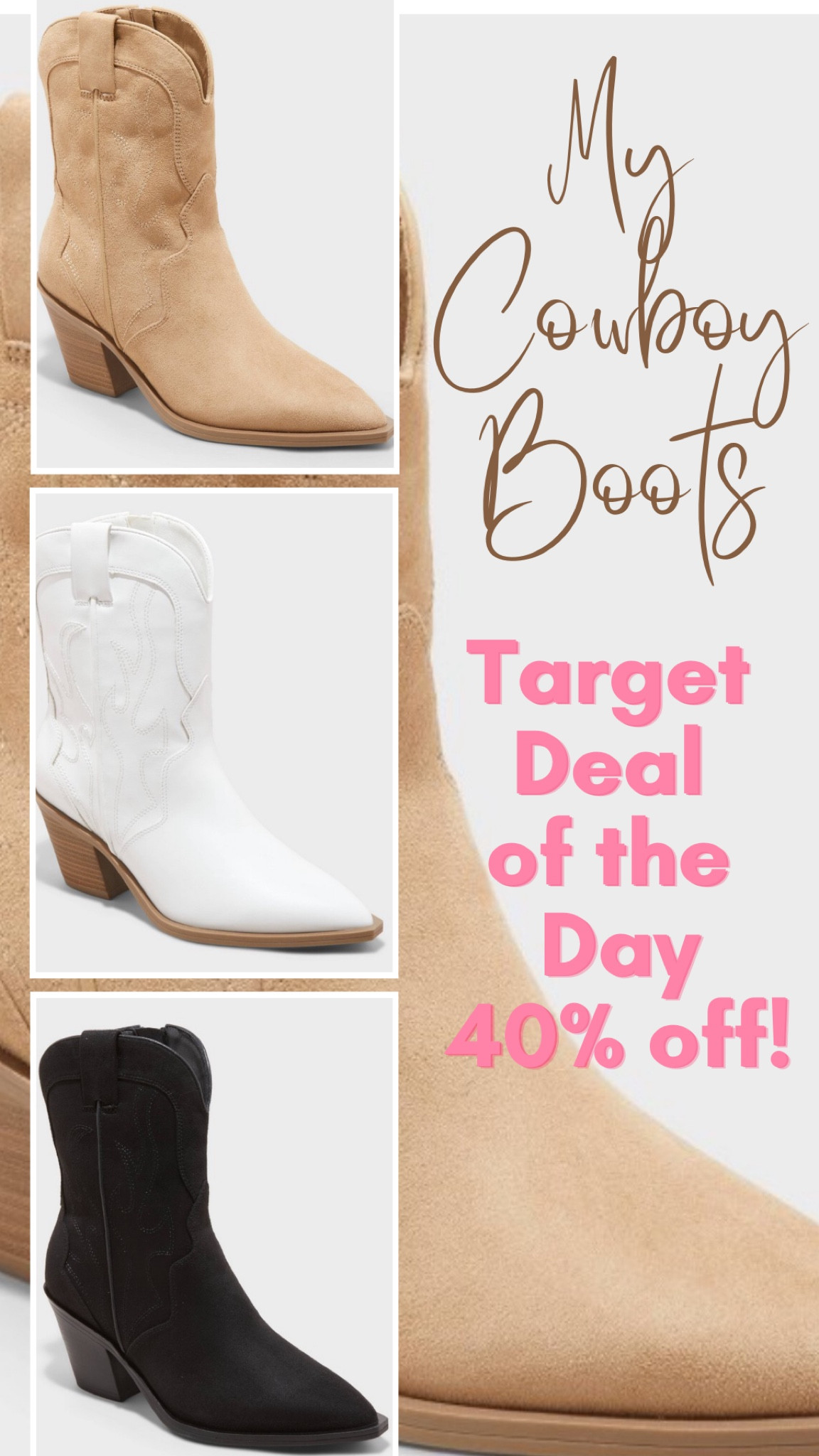 TARGET DAILY DEAL: These cowboy boots are super comfortable! Fits TTS. Looks great with jeans, shorts or dresses!
#cowboyboots #westernboots #ankleboots
Boots

#LTKShoeCrush #LTKStyleTip #LTKSaleAlert