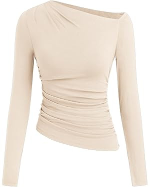 CIDER Off The Shoulder Tops for Women Long Sleeve Shirts Asymmetrical Neck Ruched Going Out Tops ... | Amazon (US)