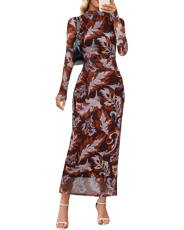 MEROKEETY Women's Long Sleeve Fall Wedding Guest Dress 2025 Bodycon Floral Mesh Ruched Cocktail M... | Amazon (US)