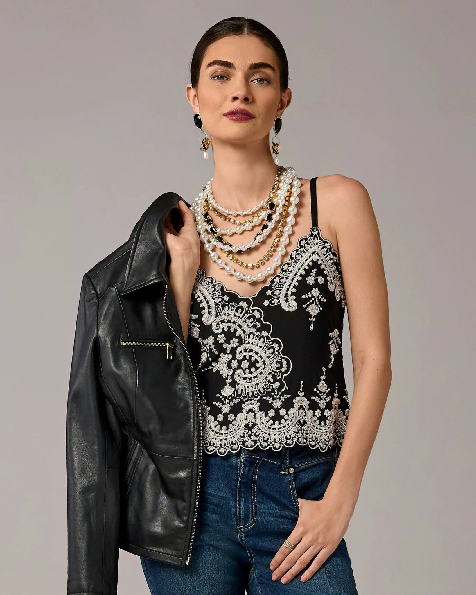 Beaded Detail Cami - Black/Off White | Boston Proper