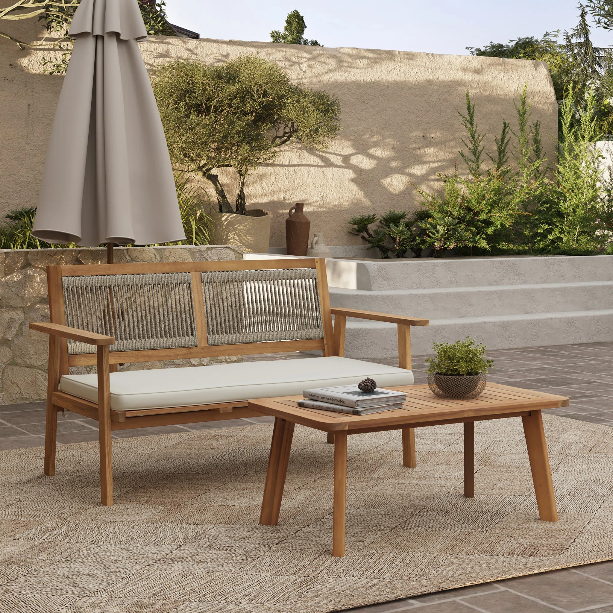 Outdoor Acacia Wood Rope Back Loveseat with Cushions and Coffee Table Set (Set of 2) | Wayfair North America
