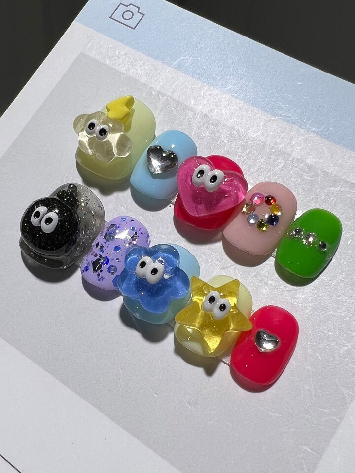 10pcs Y2K Style Short Square Nail Art Tips With Cartoon Eye Design, Removable And Reusable, Inclu... | SHEIN