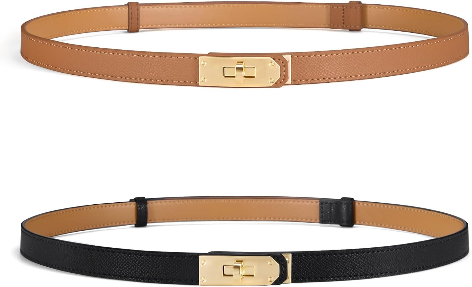 Women’s Skinny Leather Belt with Gold or Silver Turn-Lock Buckle – Adjustable Thin Belt for D... | Amazon (US)